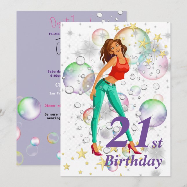 Invitación 21.ª Fiesta de cumpleaños Chica meme burbujas (Anverso / Reverso)