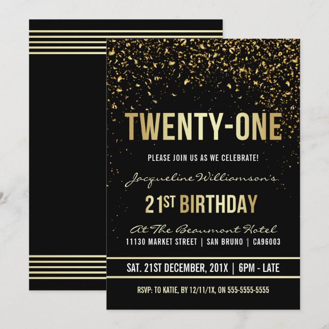 Invitación 21.ª Fiesta de cumpleaños | Confetti de oro deslum (Anverso / Reverso)
