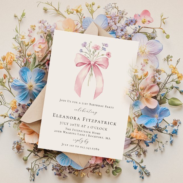Invitación 21.ª Fiesta de cumpleaños Coquette Rosa Bow Flor s (Subido por el creador)
