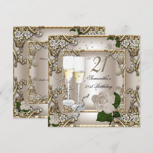 Invitación 21.ª Fiesta de cumpleaños Cream Gold Rosa Silver (Anverso / Reverso)