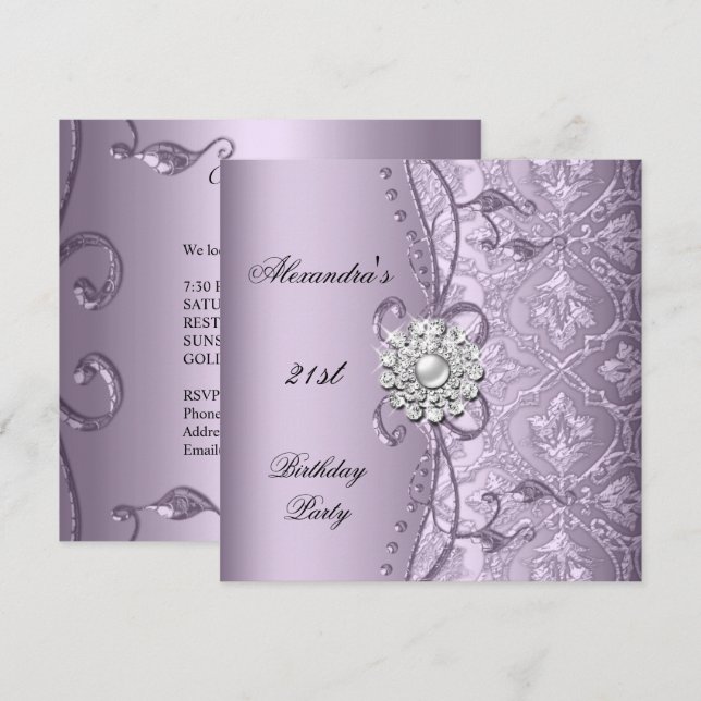 Invitación 21.ª Fiesta de cumpleaños Damask Lilac Jewel Image (Anverso / Reverso)