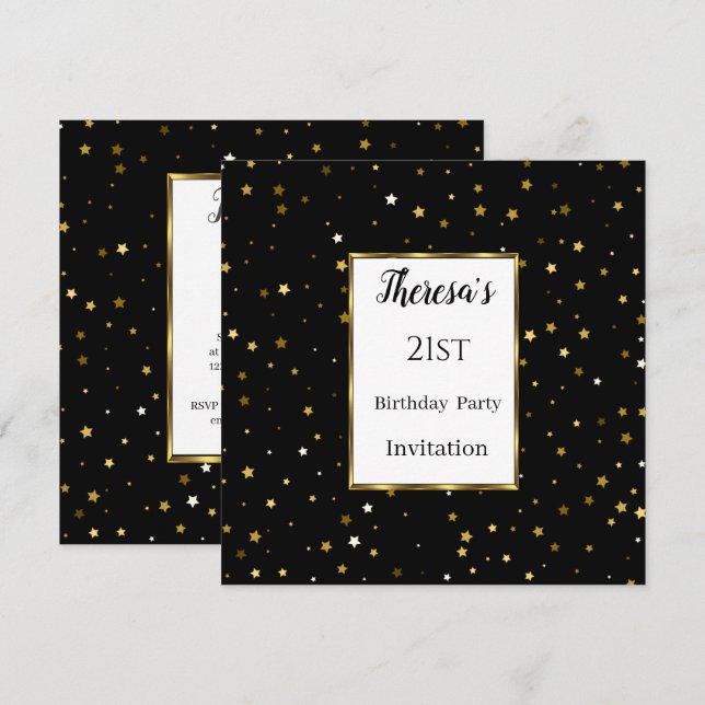 Invitación 21.ª fiesta de cumpleaños de Black Gold Stars (Anverso / Reverso)