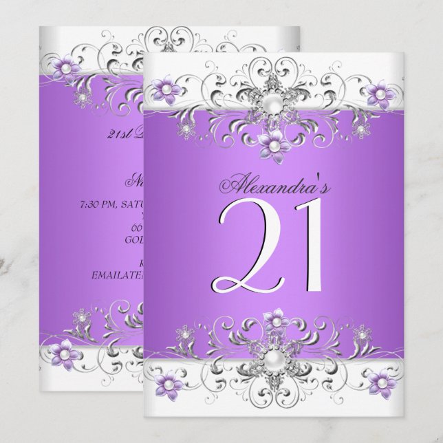 Invitación 21.ª Fiesta de cumpleaños Diamante Blanco Púrpura (Anverso / Reverso)