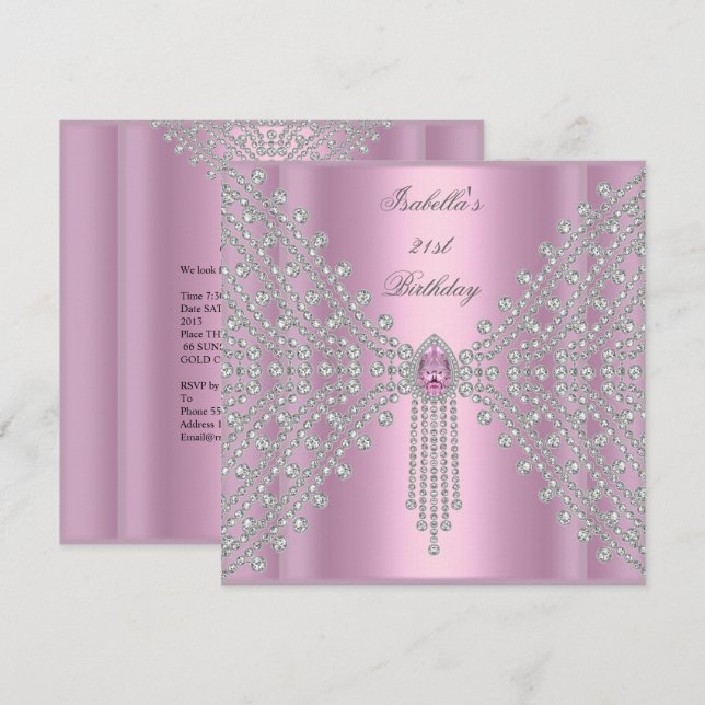 Invitación 21.ª Fiesta de cumpleaños Diamante blanco rosado d (Anverso / Reverso)