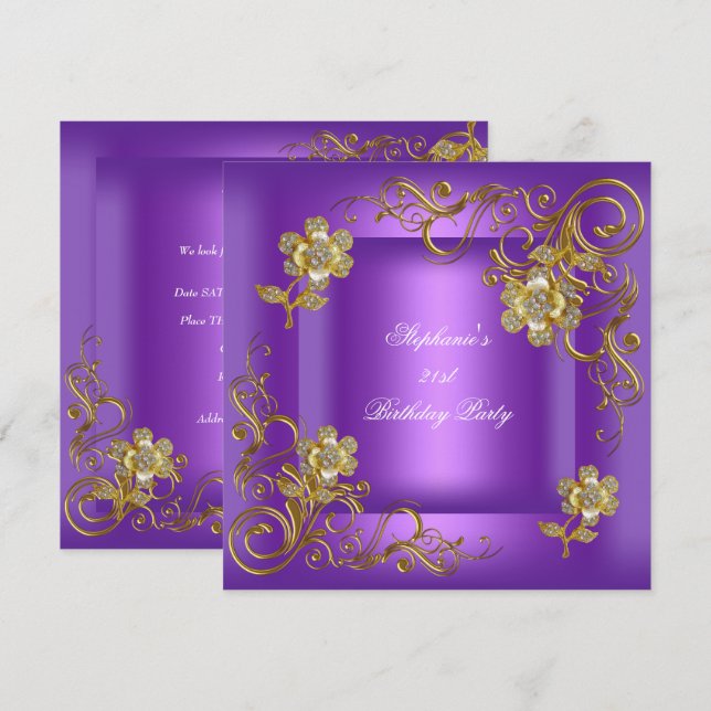 Invitación 21.ª Fiesta de cumpleaños Diamante de oro morado (Anverso / Reverso)
