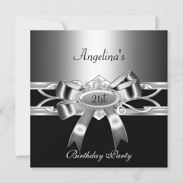 Invitación 21.ª Fiesta de cumpleaños elegante negro plateado  (Anverso)