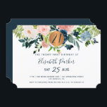 Invitación 21.ª fiesta de cumpleaños floral marina moderna<br><div class="desc">Flores rosa, melocotón, azul pastel y bohemias navales de Rubor y un círculo redondo de purpurina de cobre metálico de oro fino que hace de un hito femenino moderno y horizontal de cristal una invitación a la fiesta de cumpleaños veintiuno/cualquier edad con una escritura tipográfica de moda y moda totalmente...</div>