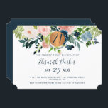 Invitación 21.ª fiesta de cumpleaños floral marina moderna<br><div class="desc">Flores rosa, melocotón, azul pastel y bohemias navales de Rubor y un círculo redondo de purpurina de cobre metálico de oro fino que hace de un hito femenino moderno y horizontal de cristal una invitación a la fiesta de cumpleaños veintiuno/cualquier edad con una escritura tipográfica de moda y moda totalmente...</div>