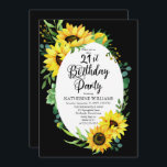Invitación 21.ª Fiesta de cumpleaños Girasol | Eucalyptus Flo<br><div class="desc">Elegantes y modernas girasoles soleados y eucalipto diseño de marco "Fiesta de cumpleaños 21" sobre un fondo negro editable. El Back cuenta con un coqueto ramo de girasol que también se puede editar en un fondo negro.</div>