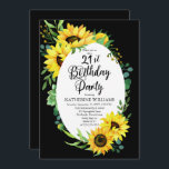Invitación 21.ª Fiesta de cumpleaños Girasol | Eucalyptus Flo<br><div class="desc">Elegantes y modernas girasoles soleados y eucalipto diseño de marco "Fiesta de cumpleaños 21" sobre un fondo negro editable. El Back cuenta con un coqueto ramo de girasol que también se puede editar en un fondo negro.</div>