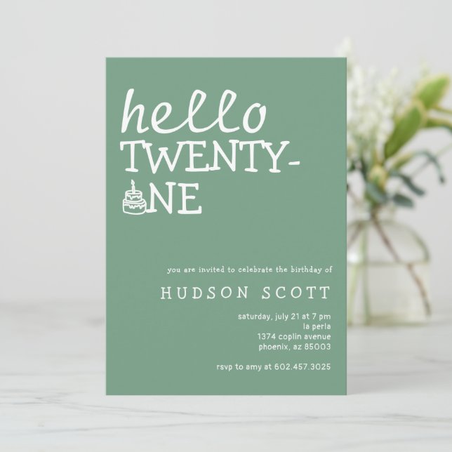 Invitación 21.ª Fiesta de cumpleaños Hola 21 Sage Green (Anverso de pie)