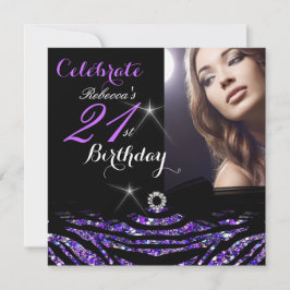 Invitación 21.ª Fiesta de cumpleaños Hot Purple 21 Zebra Phot