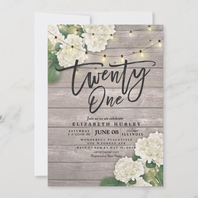 Invitación 21.ª Fiesta de cumpleaños Hydrangea Flores Luces M (Anverso)