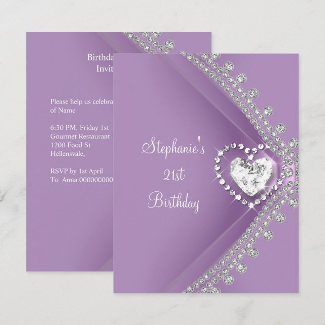 Invitación 21.ª Fiesta de cumpleaños Lilac Heart Diamond Jewe (Anverso / Reverso)