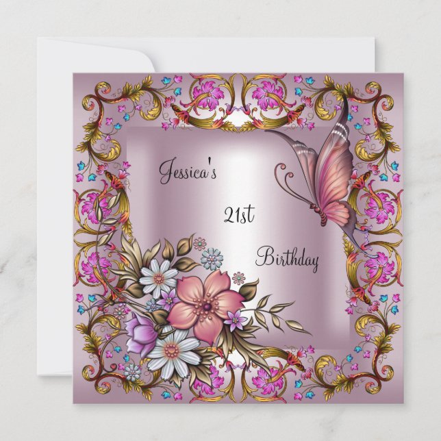 Invitación 21.ª Fiesta de cumpleaños Mariposa Blanca Floral R (Anverso)