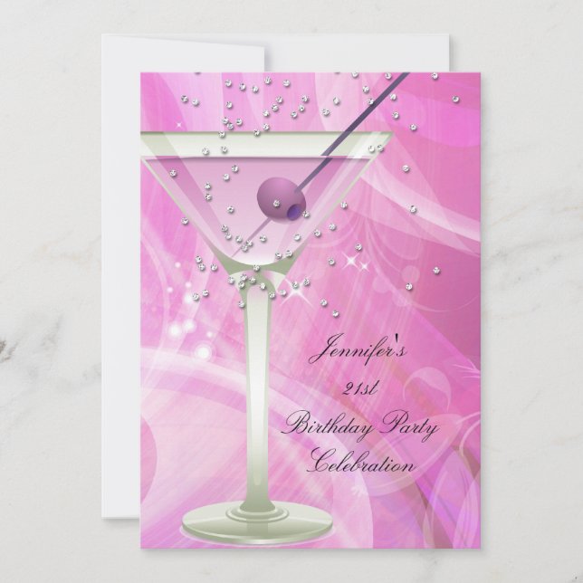 Invitación 21.ª Fiesta de cumpleaños Martini rosa blanco (Anverso)