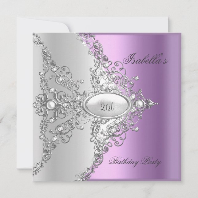 Invitación 21.ª Fiesta de cumpleaños Morado Lilac Plata Blanc (Anverso)