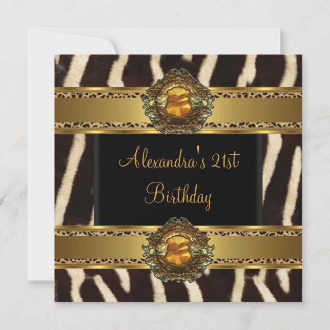 Invitación 21.ª Fiesta de cumpleaños Oro negro exótico y salv (Anverso)