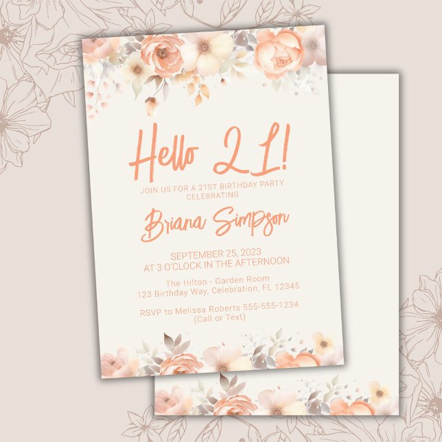 Invitación 21.ª Fiesta de cumpleaños Peach Beige Ivory Floral (Subido por el creador)