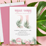 Invitación 21.ª Fiesta de cumpleaños Protea rosa tropical núm<br><div class="desc">Invitación a la fiesta de cumpleaños número 21 decorada con hojas de palma tropicales, flores de protea rosa y un coco. Un diseño sutil y elegante con acuarelas florales en tonos rosa y verde. Perfecto para la celebración del 21 cumpleaños, fiesta de luau o fiesta de té en el jardín....</div>