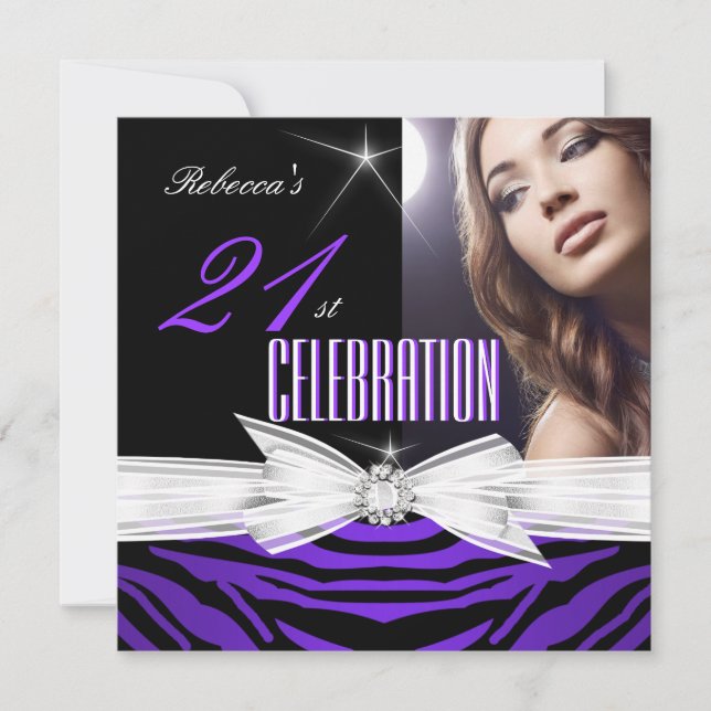 Invitación 21.ª Fiesta de cumpleaños Purple 21 Zebra Photo 2 (Anverso)