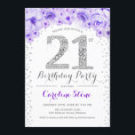 Invitación 21.ª Fiesta de cumpleaños - Púrpura de Plata Blanc<br><div class="desc">Invitación a la fiesta de cumpleaños 21 Diseño elegante en finas platas purpurinas,  moradas y blancas. Elegante invitación floral con diamantes y rosas. Perfecto para una celebración de glam. Por favor,  envíeme un mensaje si necesita más personalización.</div>