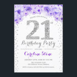 Invitación 21.ª Fiesta de cumpleaños - Púrpura de Plata Blanc<br><div class="desc">Invitación a la fiesta de cumpleaños 21 Diseño elegante en finas platas purpurinas,  moradas y blancas. Elegante invitación floral con diamantes y rosas. Perfecto para una celebración de glam. Por favor,  envíeme un mensaje si necesita más personalización.</div>