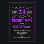 Invitación 21.ª Fiesta de cumpleaños - Púrpura Negro<br><div class="desc">Invitación a la fiesta de cumpleaños número 21. Elegante diseño retro negro,  morado,  blanco con diseño de pizarra y fuente de escritura. ¡Salud a 21 años! Mándame un mensaje si necesitas más personalización.</div>