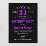 Invitación 21.ª Fiesta de cumpleaños - Púrpura Negro<br><div class="desc">Invitación a la fiesta de cumpleaños número 21. Elegante diseño retro negro,  morado,  blanco con diseño de pizarra y fuente de escritura. ¡Salud a 21 años! Mándame un mensaje si necesitas más personalización.</div>