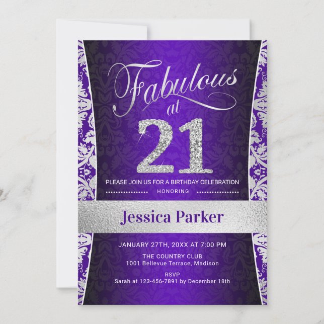 Invitación 21.ª Fiesta de cumpleaños - Púrpura plateado (Anverso)