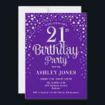 Invitación 21.ª Fiesta de cumpleaños - Púrpura y plata<br><div class="desc">Invitación a la fiesta de cumpleaños número 21. Elegante diseño en púrpura real y purpurina de plata falsa. Presenta un diseño elegante de tipo de letra y letra de guión. Mándame un mensaje si necesitas edad personalizado.</div>