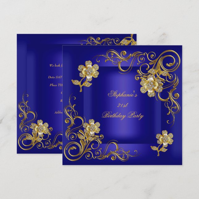 Invitación 21.ª Fiesta de cumpleaños Royal Blue Gold Diamond (Anverso / Reverso)