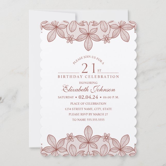 Invitación 21.ª Fiesta de cumpleaños Rustic Lace Kraft Paper (Anverso)