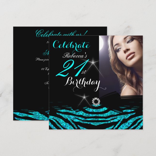 Invitación 21.ª Fiesta de cumpleaños Verde azulado Azul 21 Ze (Anverso / Reverso)