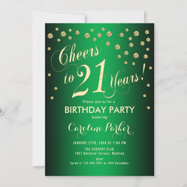 Invitación 21.ª Fiesta de cumpleaños - Verde de oro (Anverso)