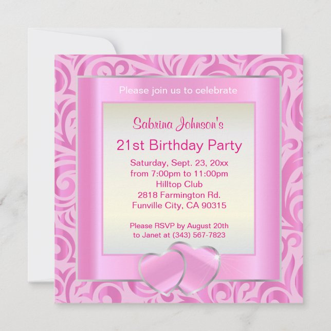 Invitación 21.ª Fiesta de cumpleaños | Versor rosa, plateado  (Reverso)