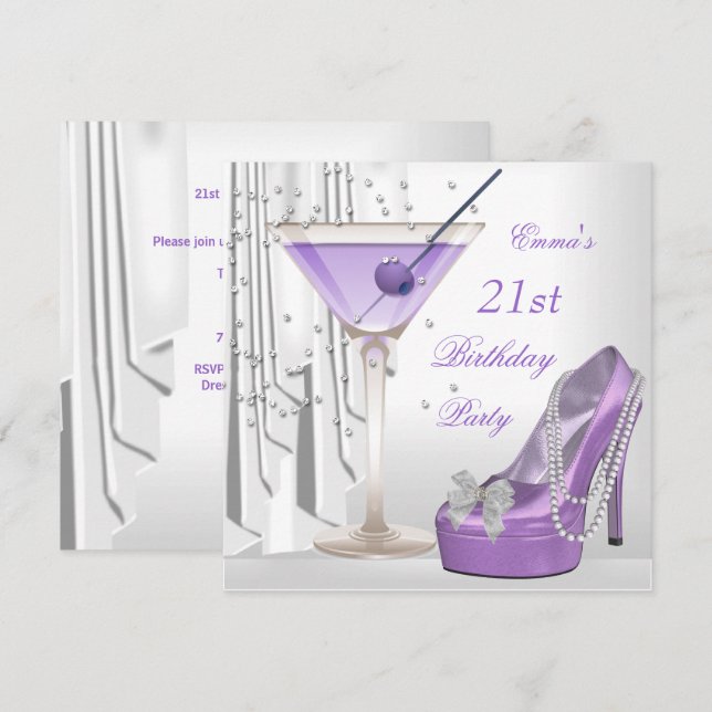 Invitación 21.ª Fiesta de cumpleaños White Lilac Martini Pear (Anverso / Reverso)