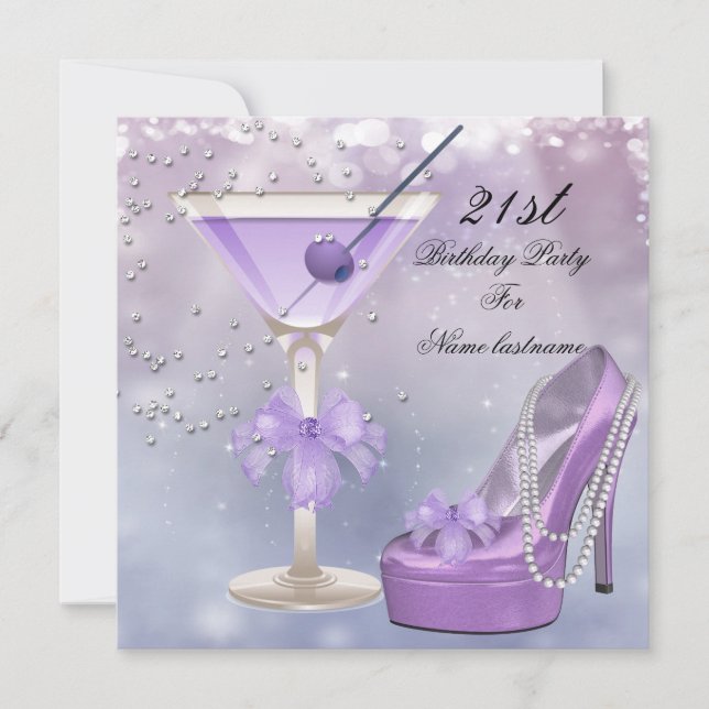 Invitación 21.ª Fiesta de cumpleaños White Lilac Martini Purp (Anverso)