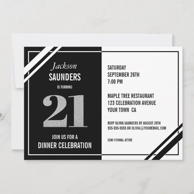 Invitación 21.ª Fiesta de la cena moderna en blanco y negro (Anverso)