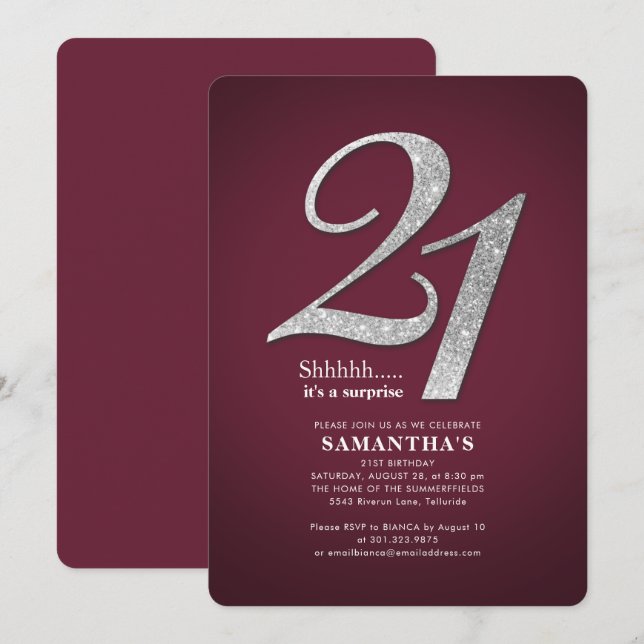 Invitación 21.ª Fiesta Purpurina Borgoña Moderno (Anverso / Reverso)