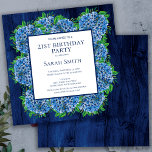 Invitación 21.ª Fiesta Rustic Wood Blue Hydrangeas<br><div class="desc">¿Estás planeando un fiesta especial de 21 años? ¿Estás buscando una elegante invitación rústica para el cumpleaños? Mira nuestra invitación a la Fiesta Rustic Wood Blue Hydrangeas de cumpleaños número 21. Esta invitación de cumpleaños floral presenta una hermosa acuarela con hortensias azules, fondo de madera azul y vegetación. Puede personalizar...</div>
