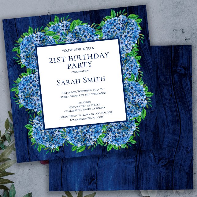 Invitación 21.ª Fiesta Rustic Wood Blue Hydrangeas (Subido por el creador)