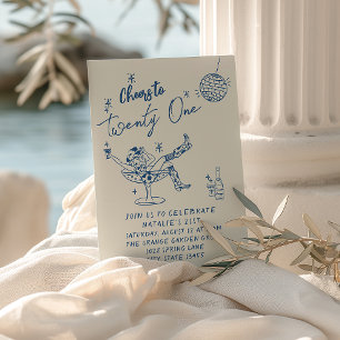 Invitación 21.ª Mano Azul dibujó Cowgirl Fun cumpleaños