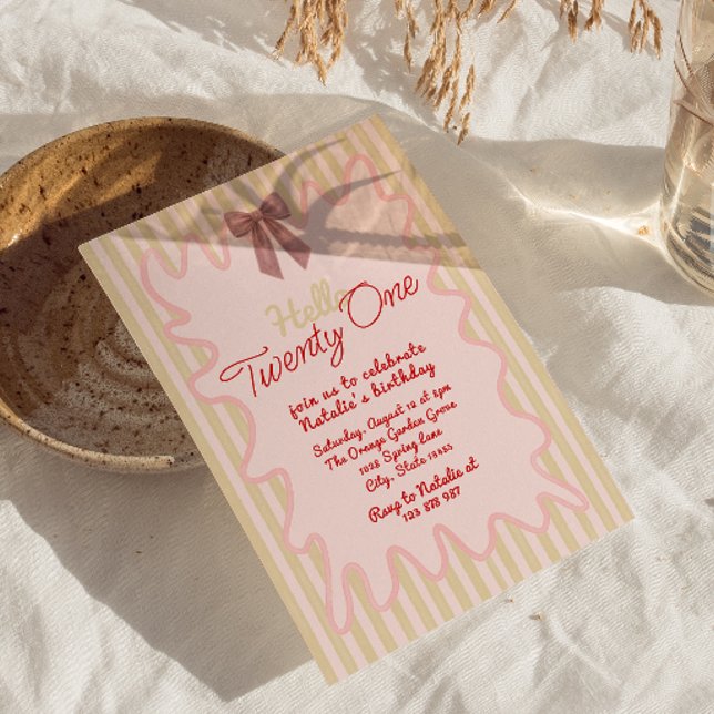 Invitación 21.ª Mano Retro Pintada Bow Wavy Frame Cumpleaños (Subido por el creador)