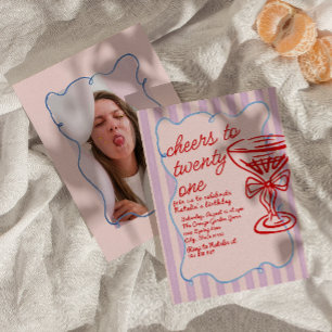 Invitación 21.ª Mano Rosa Roja Dibuja Champán Foto Cumpleaños