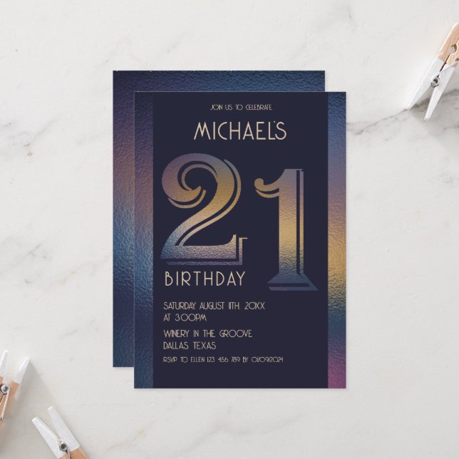 Invitación 21.ª morada oscura moderna y cumpleaños dorado (Anverso/Reverso In Situ)