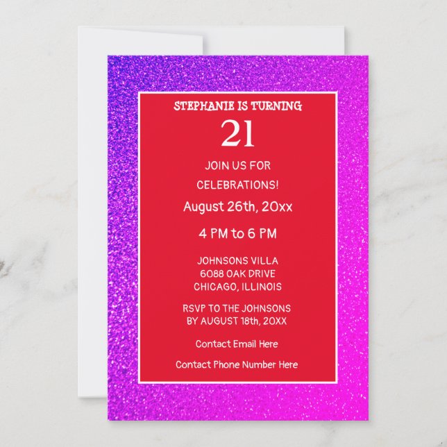 Invitación 21.ª Naranja de cumpleaños Purpurina púrpura rosa (Anverso)