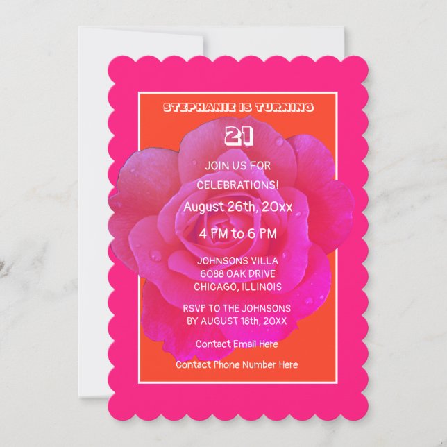 Invitación 21.ª Naranja de cumpleaños Rosa Rosa Floral Guay m (Anverso)