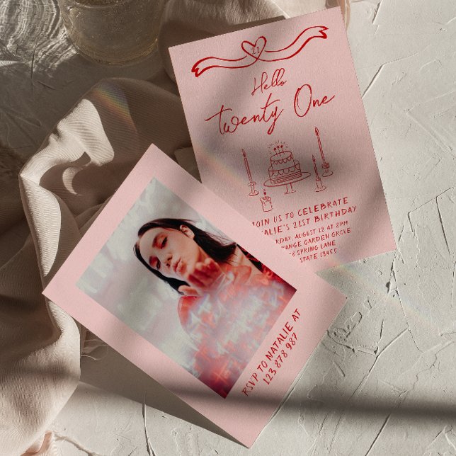 Invitación 21.ª Pastel Rojo Rosa Hola Veintiún Fotos Cumpleañ (Subido por el creador)