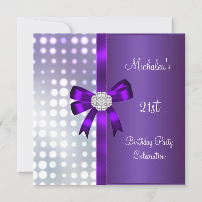 Invitación 21.ª Purpurina de cumpleaños Morple Diamond Bow (Anverso)
